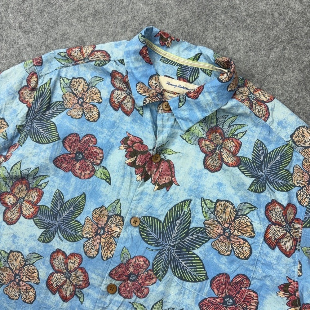 Tommy Bahama Shirt Mens XL‎ Blue Floral 100% Silk Tropical Aloha Summer Beach